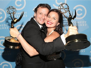 Concordia alumni and comedy writer Barry Julien celebrates  an Emmy win with co-writer Meredith Scardino for their work on The Colbert Report, at the Comedy Central Creative Arts Emmy Party in 2014.