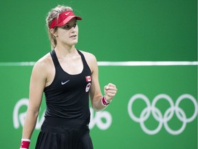 Eugenie Bouchard of Westmount reacts after defeating Sloane Stephens, from the United States, during first round tennis action at the 2016 Summer Olympics on Saturday, Aug. 6, 2016, in Rio de Janeiro, Brazil.