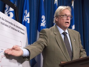 Quebec Health Minister Gaetan Barrette speaks during a news conference at the legislature in Quebec City on Wednesday, August 17, 2016.