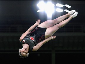 Canadian gold medalist Rosannagh Maclennan competes during the Trampoline Gymnastics Women's Qualification at the Rio 2016 Olympic Games.