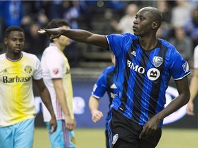 Impact defender Hassoun Camara celebrates after scoring a goal against the Columbus Crew during MLS game in Montreal on April 9, 2016.