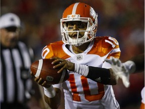 B.C. Lions quarterback Jonathon Jennings handles the ball during second half CFL football action against the Calgary Stampeders in Calgary, Friday, July 29, 2016.