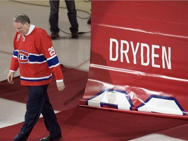 Ken Dryden walks away from the banner bearing his No. 29 during his  jersey-retiring ceremony in 2007.