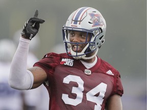 Linebacker Kyries Hebert takes part in the Alouettes training camp at Bishop's University in Lennoxville on May 29, 2016.