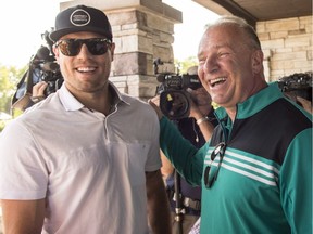 Montreal Canadiens head coach Michel Therrien shares a laugh with newly acquired defenceman Shea Weber at the Michel Therrien Golf Invitational Tuesday, August 9, 2016 in Terrebonne, Quebec. Weber was acquired from the Nashville Preditors in exchange for P.K. Subban.