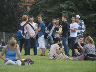 2011: John Abbott College CEGEP students chill out on campus on the first day of school. Long shorts and hoodies are in by now.