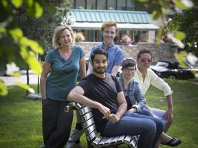 MONTREAL, QUE.: AUGUST 1, 2016 -- The cast of Private Lives, David Noël, Mary Harvey, (bottom) Rahul Gandhi, Stefanie Buxton, and Brett Watson in Hudson, just west of Montreal, Monday August 1, 2016. The roduction sees the three female characters played by men, and the two male characters played by women. (Vincenzo D'Alto / Montreal Gazette) ORG XMIT: 56794