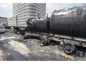 The remains of a tanker truck involved in a fatal crash and fire on Highway 40 west that took place on Aug. 9, 2016.
