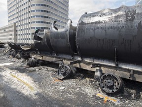 The remains of a tanker truck after a fatal crash and fire on Highway 40 in Montreal. Aug. 10, 2016.
