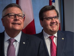 Federal Public Safety Minister Ralph Goodale and Montreal Mayor Denis Coderre, left to right, met at the Centre for the Prevention of Radicalization Leading to Violence in Montreal, on Monday, August 15, 2016.