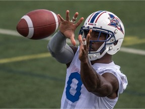 Alouettes' Stefan Logan hauls in a pass during practice on Wednesday as the club prepares for Friday's road game against the Ottawa RedBlacks.