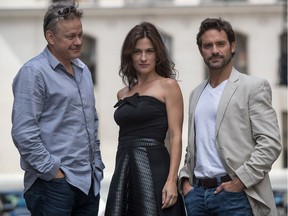 Director Alain DesRochers and actors Madeleine Péloquin and Guillaume Lemay-Thivierge, left to right, are promoting Quebec film Nitro Rush.