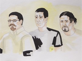 Artist sketch of three men who were in court last Friday at the Montreal courthouse. They were arrested in May in connection with an investigation into an alleged network that  targeted elderly people to scam them out of money, From left Adam Krajicek, Andre Westerhout and Avy Victor Doron.