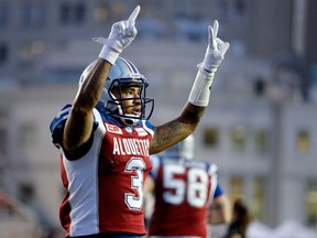 Montreal Alouettes quarterback Vernon Adams Jr. celebrates scoring a touchdown against the Winnipeg Blue Bombers during CFL action at Molson Stadium in Montreal on Friday August 26, 2016.