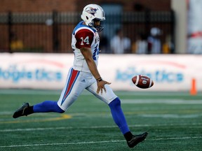 Alouettes kicker Boris Bede kicks the ball during CFL action against the B.C. Lions at Molson Stadium in Montreal on Thursday August 4, 2016.