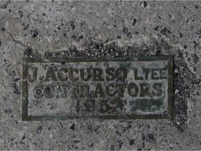 J. Accurso Ltee. 1952 bronze plate in the sidewalk is photographed on St-Zotique St. between Iberville and De Lorimier in Rosemont district of Montreal.