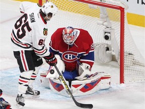 Blackhawks' Andrew Shaw is foiled by Canadiens' Mike Condon on Jan.14, 2016. Shaw's style of play has been compared with new Habs teammate Brendan Gallagher, which isn't good news for opposing goalies.