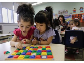 Pre-kindergarten students from the Commission scolaire de Montréal in a class at St. Dorothy's school in Montreal Thursday, October 16, 2014.