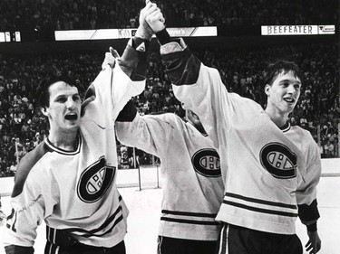 May 9, 1986: Guy Carbonneau and Patrick Roy at the Montreal Forum the night they clinched the conference finals against the New York Rangers. The Canadiens won the series 4-1 and went on to win the Stanley Cup against the Calgary Flames (winning that series 4-1 as well).