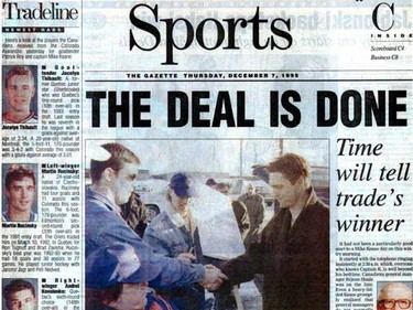 Dec. 7, 1995: The front page of the Montreal Gazette's Sports section the day after the trade of Patrick Roy to the Colorado Avalanche was announced.