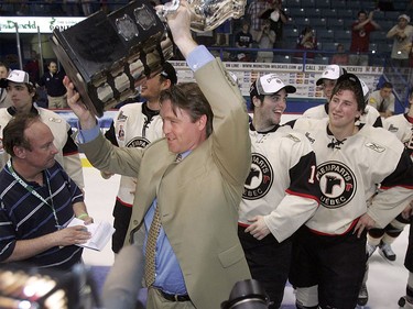 May 28, 2006:  General Manager and head coach of the Quebec Remparts, Patrick Roy, holds up the Memorial Cup trophy after his team defeated the Moncton Wildcats 6-2 in the 2006 Memorial Cup final at the Moncton Coliseum in Moncton, New Brunswick.