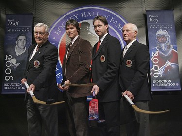 Nov. 13, 2006: Hockey Hall of Fame inductees (left to right), Harley Hotchkiss, Dan Brooks (for his father Herb Brooks), Patrick Roy, and Dick Duff pose during a photo opportunity prior to the Hockey Hall of Fame Induction Ceremonies at the Hockey Hall of Fame in Toronto.