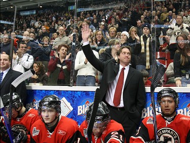 Jan. 26, 2007: Quebec City Remparts coach Patrick Roy receives a warm welcome from fans in Quebec City before their game against the Baie Comeau Drakkars at the Colisee.