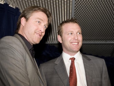 March 14 2009: New Jersey Devils Martin Brodeur greets former Montreal Canadiens goalie Patrick Roy (left) after Brodeaur tied Roy's recond of 511 wins, during NHL action in Montreal.
