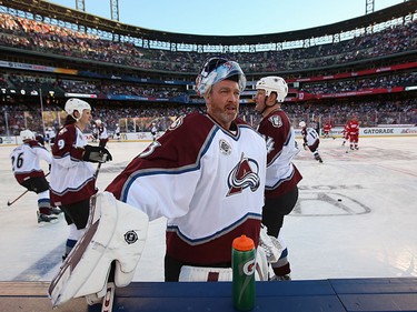 Feb. 26, 2016: Goalie Patrick Roy of the Colorado Avalanche warms up prior to facing the Detroit Red Wings during the 2016 Coors Light Stadium Series Alumni Game at Coors Field in Denver, Colorado.
