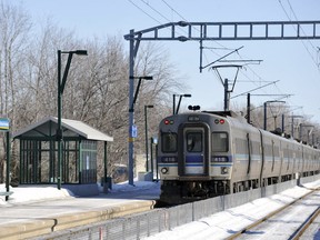 A train departs from Roxboro-Pierrefonds train station near Montreal, Saturday, Feb., 14, 2009.
