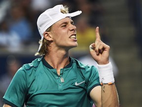 Denis Shapovalov of Canada reacts as he plays against Grigor Dimitrov of Bulgaria during second round Rogers Cup tennis action in Toronto on Wednesday, July 27, 2016.