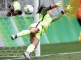 United States goalkeeper Hope Solo fails to stop a penalty during a penalty shoot-out in the quarter-final match of the women's Olympic football tournament between the United States and Sweden in Brasilia Friday Aug. 12, 2016. The United States was eliminated by Sweden after a penalty shoot-out.