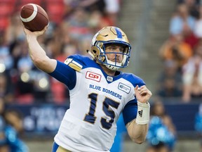 Blue Bombers quarterback Matt Nichols has only been intercepted once in three games.