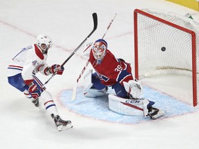 Alexander Radulov is stopped by goalie Michael Condon during a Red vs. White scrimmage with Montreal Canadiens players at the Bell Centre in Montreal Sunday, Sept. 25, 2016.