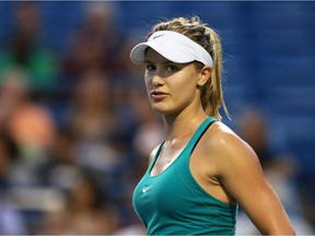 Eugenie Bouchard  looks on during her match against Petra Kvitova of the Czech Republic on day 4 of the Connecticut Open at the Connecticut Tennis Center at Yale on August 24, 2016 in New Haven, Connecticut.