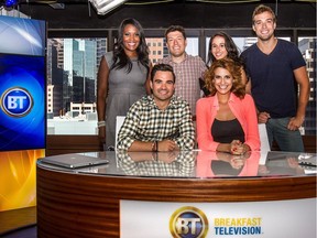 Breakfast Television Montreal's initial team in August 2013: Laura Casella, standing, second from right, with Alexandre Despatie and Joanne Vrakas, front, and Catherine Verdon Diamond, Elias Makos and Wilder Weir. Verdon Diamond and Vrakas lasted the show's entire run.