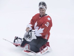Team Canada goaltender Carey Price takes a break during a training session ahead of the World Cup of Hockey in Toronto on Friday, Sept. 16, 2016.