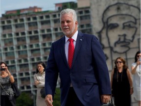 Quebec Premier Philippe Couillard during a wreath-laying ceremony at the Jose Marti Monument in Havana, Cuba, on September 13, 2016.