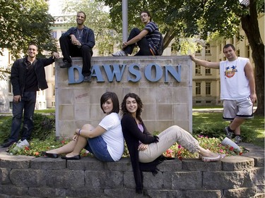 One year later, Dawson College shooting victims Katherine Mandilaraz and Lisa Mezzacappa and (rear l-r) Kayolan Gueorguiev, Hayder Kadhim, Silviu Comanici and Mihai Romano gather outside the school, on Sept. 5, 2007.