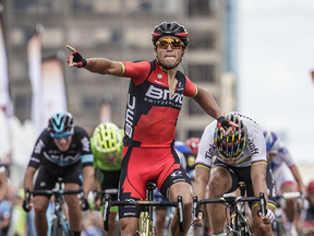Cyclist Greg Van Avermaet of Belgium crosses the finish line to win the Montreal edition of the Grand Prix Cycliste in Montreal on Sunday, September 11, 2016.