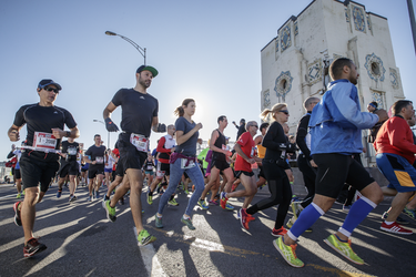Runners take part in the Rock 'N' Roll Montreal Marathon over the Jacques-Cartier Bridge on Sunday, September 25, 2016.
