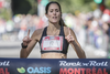 Arianne Raby of Quebec arrives at the finish line at Lafontaine Park to win the Rock 'N' Roll Montreal Marathon with a time of 2:48:55 on Sunday, September 25, 2016.