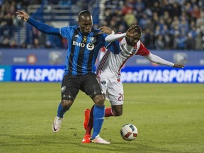 The Montreal Impact acquired left-back Shaun Francis, right, battling the Impact's Didier Drogba in Montreal in 2016, in a trade with the San Jose Earthquakes on Thursday, July 13, 2017.