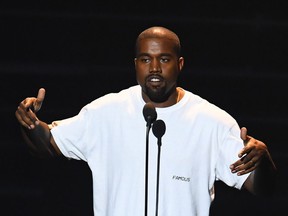 Kanye West is pictured at the 2016 MTV Video Music Awards on Aug. 28, 2016.