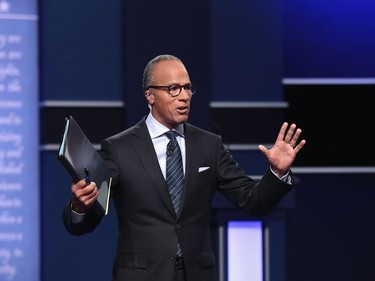 Moderator Lester Holt speaks ahead of the Presidential Debate at Hofstra University on September 26, 2016 in Hempstead, New York.  The first of four debates for the 2016 Election, three Presidential and one Vice Presidential, is moderated by NBC's Lester Holt.