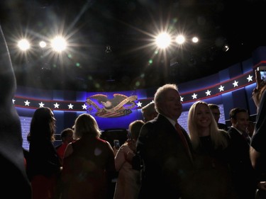People gather ahead of the Presidential Debate between Democratic presidential nominee Hillary Clinton and Republican presidential nominee Donald Trump at Hofstra University on September 26, 2016 in Hempstead, New York.