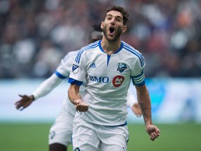 Montreal Impact midfielder Ignacio Piatti celebrates after scoring against the Whitecaps during Major League Soccer game in Vancouver on March 6 2016.