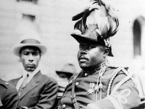 Marcus Garvey in a military uniform as the "Provisional President of Africa" during a parade on the opening day of the annual Convention of the Negro Peoples of the World in Harlem in 1922.