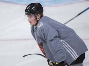 Team North America player Jack Eichel looks on during training camp in Montreal, Monday, Sept. 5, 2016, ahead of the 2016 World Cup of Hockey competition.