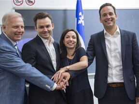 Parti Québécois leadership candidates (left to right) Jean-François Lisée, Paul St-Pierre Plamondon, Martine Ouellet and Alexandre Cloutier. A new poll suggests the race for PQ leadership is too close to call.